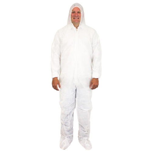White Disposable Polypropylene Coverall, Hood, Boots & Elastic Wrist, 25/CS, Medium