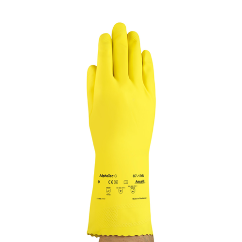 AlphaTec Light-Duty Rubber Latex Chemical Resistant Yellow Gloves, Size 8, 12 pairs per bag, 12 bags per carton