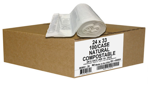 Compostable Can Liners,12-16 Gal, 24x33, 0.85 Gauge, Clear, 100/Case