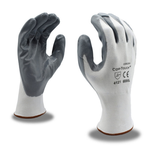 COR-TOUCH 13-Gauge, White Nylon Shell, Grat Flat Nitrile Palm Coating, Small Gloves