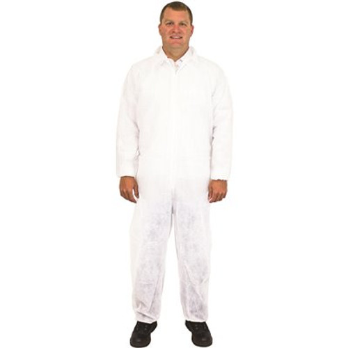 White Disposable Polypropylene Coverall, No Hood or Elastic, 25/CS, Extra Large