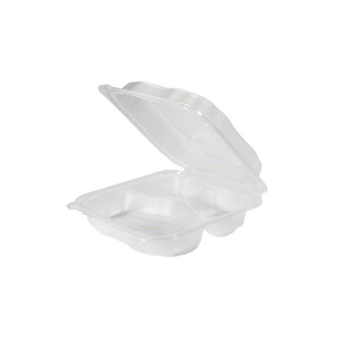 3 Compartment Clear Plastic Hinged Container, 9", Vent Clover, 9"x9"x3", 150/CS 3 Compartment Clear Plastic Hinged Container, 9", Vent Clover, 9"x9"x3", 150/CS