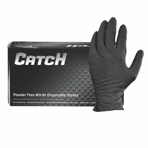CATCH Disposable Nitrile Industrial Gloves, Powder Free, Raised Pyramid Grip Texture, Black, 9 mil, Large, 100/bx, 10 bxs/cs