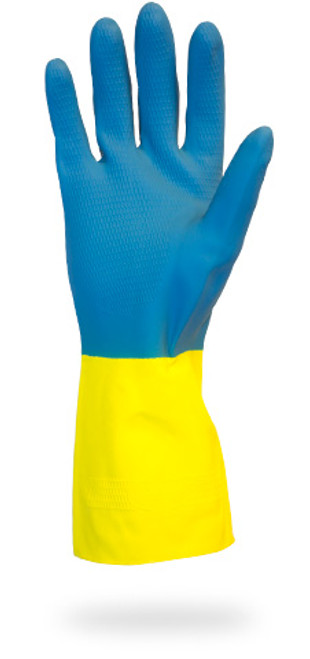 28 MIL, Blue Flock Lined Neoprene Over Yellow Latex Gloves, One Pair Per Bag, 10DZ/CS, MD 28 MIL, Blue Flock Lined Neoprene Over Yellow Latex Gloves, One Pair Per Bag, 10DZ/CS, MD