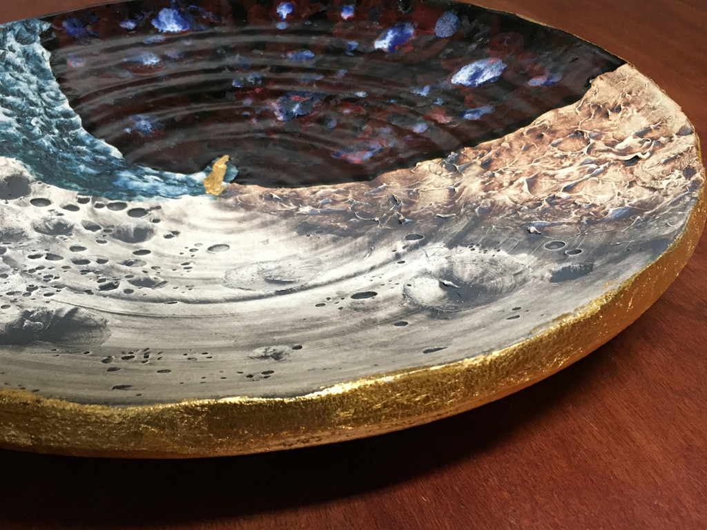 Cosmic Wall Platter (SK4842), Porcelain and Cobalt, Iron, 24 Karat gold and wood ashes, roughly 16" diameter by 2.5" thick, approx 10 pounds.