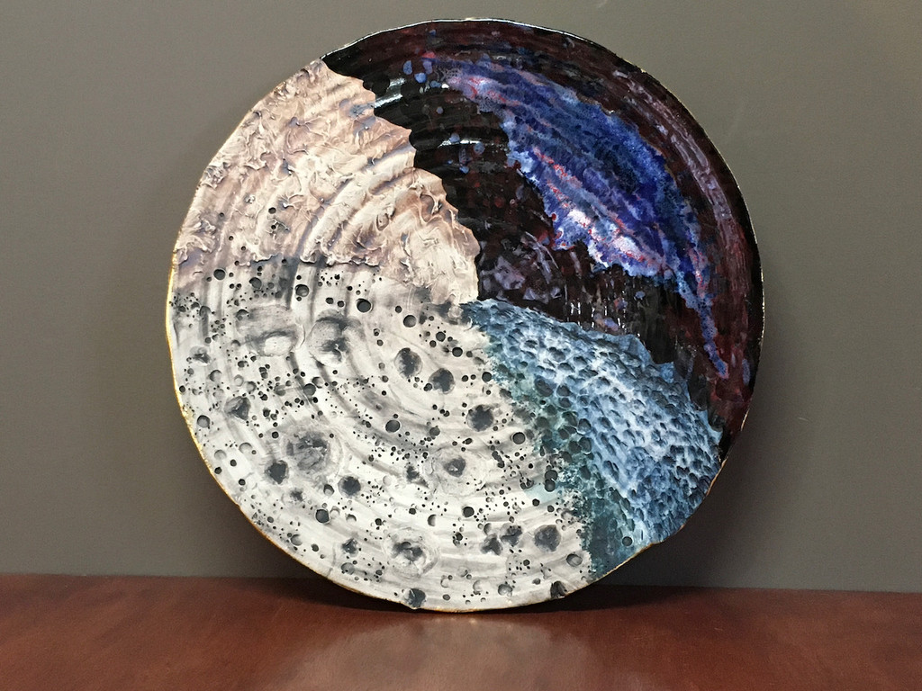 Cosmic Wall Platter (SK5083), Porcelain and Cobalt, Iron, 24 Karat gold and wood ashes, roughly 17" diameter by 3" thick, approx 10 pounds.