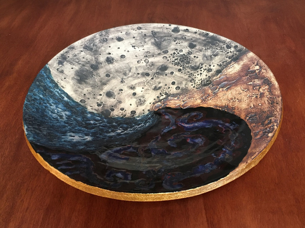 Cosmic Wall Platter (SK6101), Porcelain and Cobalt, Iron, 24 Karat gold and wood ashes, roughly 15.5" diameter by 3" thick, approx 10 pounds.