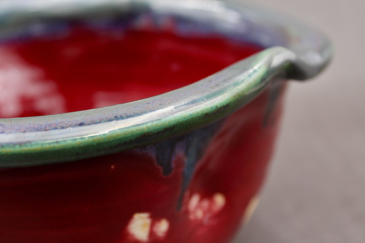Funky Ruby Red Serving Bowl with Copper Green, Roughly 9.5