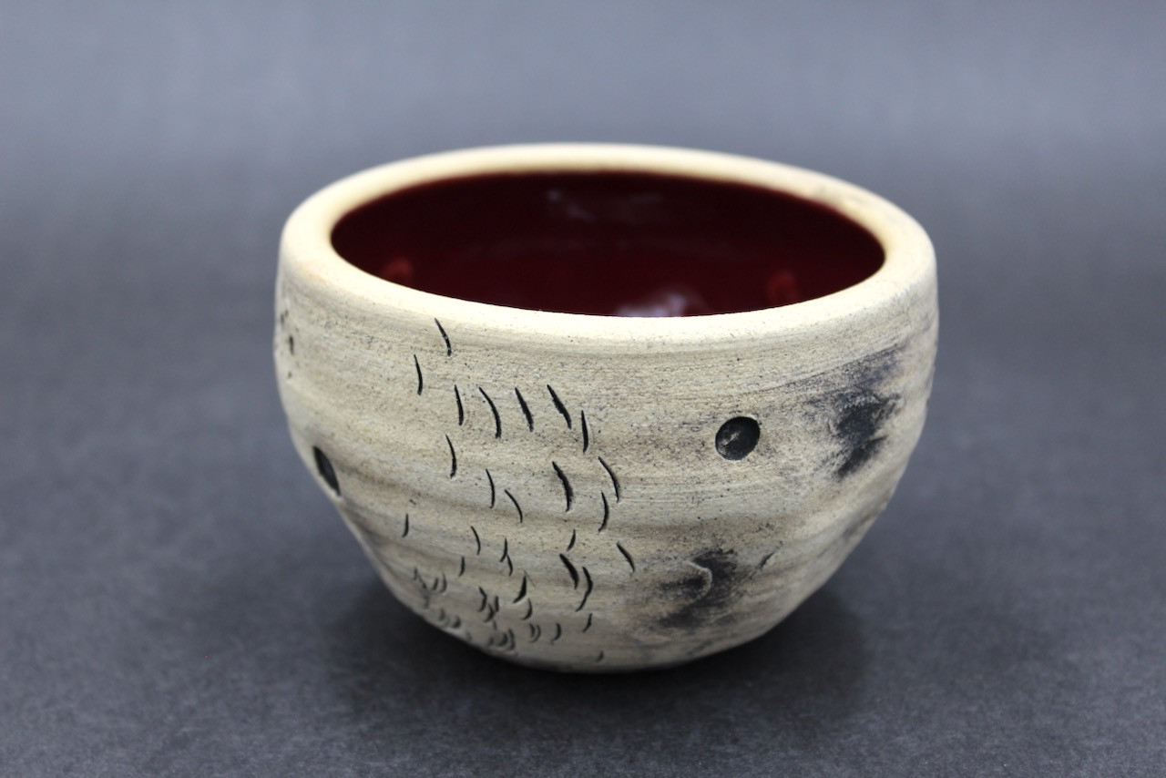 Lunar/Asteroid scoop bowl, Ruby Red Interior, roughly 10 ounces