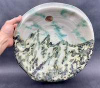 Large Mountain Wall Platter, 24 karat gold and 99.99 pure silver leaf crack repair, White Stoneware, Roughly 16" wide by 4" deep (SK7375)