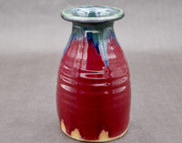 Ruby Red Vase with copper rim, roughly 3.5" wide 6.5" tall with 1.5" opening (SK7892)