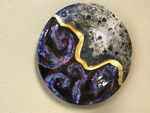 Cosmic Wall Platter SK2285, Porcelain with Cobalt, Iron, 24 Karat gold and wood ashes, roughly 14.5" diameter by 2.5" thick, approx 9 pounds.