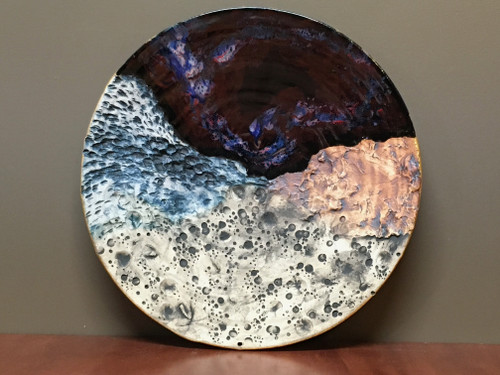 Cosmic Wall Platter (SK4845), Porcelain and Cobalt, Iron, 24 Karat gold and wood ashes, roughly 14.5" diameter by 2.5" thick, approx 10 pounds.