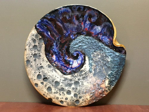 Cosmic Wall Platter (SK4846), Porcelain and Cobalt, Iron, 24 Karat gold and wood ashes, roughly 15" diameter by 3" thick, approx 10 pounds.