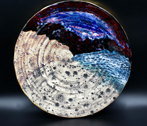 Cosmic Wall Platter (SK5083), Porcelain and Cobalt, Iron, 24 Karat gold and wood ashes, roughly 17" diameter by 3" thick, approx 10 pounds.