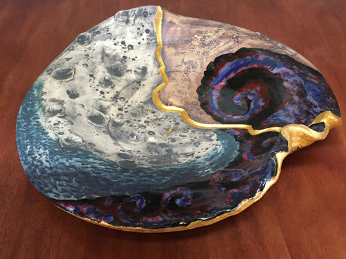 Cosmic Wall Platter (SK6097), Porcelain and Cobalt, Iron, 24 Karat gold and wood ashes, roughly 16.5" diameter by 3.5" thick, approx 10 pounds.