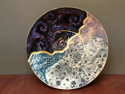 Cosmic Wall Platter (SK6099), Porcelain and Cobalt, Iron, 24 Karat gold and wood ashes, roughly 16.5" diameter by 3.5" thick, approx 10 pounds.