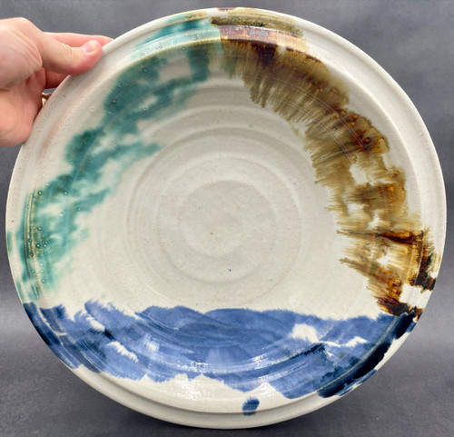 Wall Platter w/24 karat gold and 99.99% silver crack repair, White Stoneware, Roughly 16." wide by 3.5" deep (SK7378)