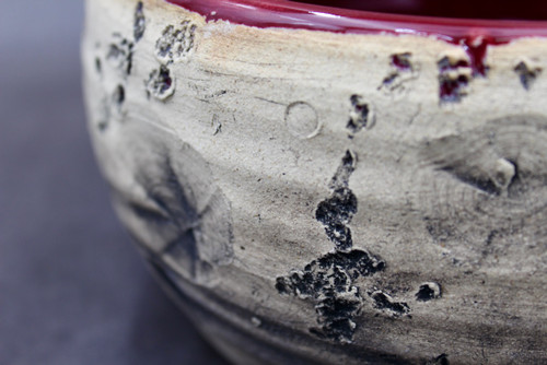 Lunar Serving Bowl with Ruby Red Interior, roughly 4.5" tall by 8" wide, Inspired by a Lunar Surface with a planetary nebula  (SK8492)