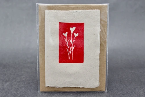 "spread seeds of love" Card, handmade paper & linoleum carving by Sienna