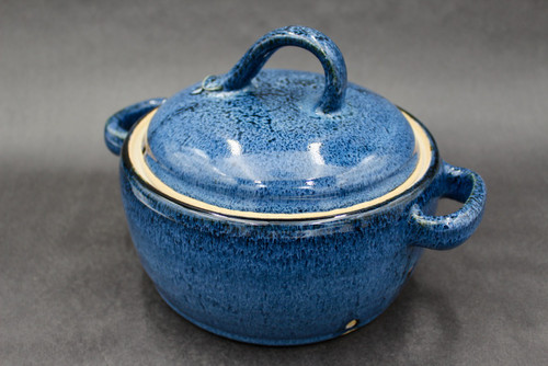 Lidded Baker, Nuka Cobalt, Roughly 3" Tall by 6.5" Wide on the Interior Dimensions, and 10" wide by 6.5" tall Exterior, Including the Handles (SK000395)