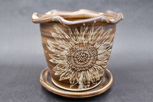 Carved Sunflower on Brushed Planter w/Tray, Roughly 7" wide by 6.25" tall (SK0450)