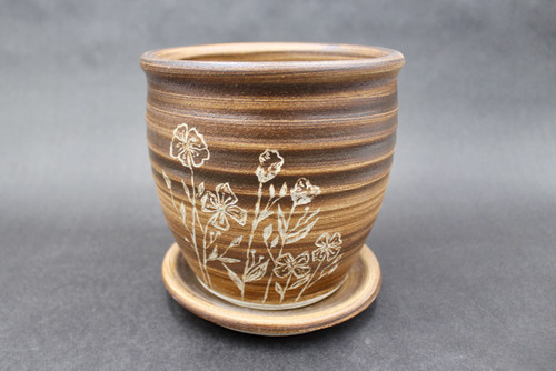 Collaborative Planter, Brushed Wild-Harvested Clay/Slip, Carved by Sienna, roughly 6.25" wide and 6.25" tall (SK000506)