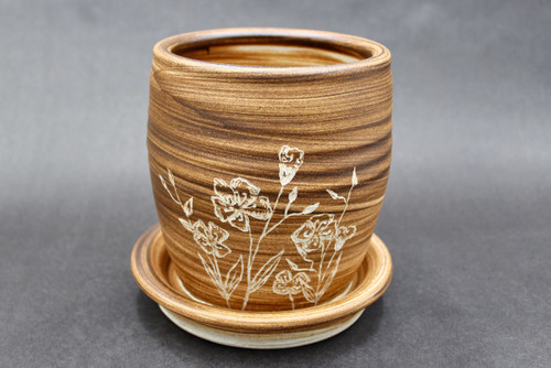 Carved Flowers on Brushed Planter w/Tray, Roughly 6" wide by 6" tall (SK0544)
