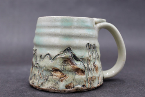 Small Mountain Mug w/Copper Green Accents Inspired by Northern Lights, roughly 11-12 oz. size (SK0612)