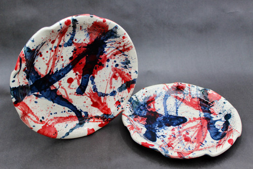 Pair Dinner Plates, Splashy Experimental Style, roughly 10.5" wide (SK0655)
