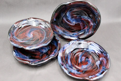Set of 4 Salad Plate, Cosmic Spiral Blue Colors, roughly 8" wide (SK0712)