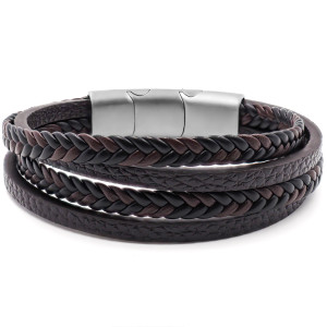Bracelet Acier simili Cuir - 2 rangs tressés marrons et noirs