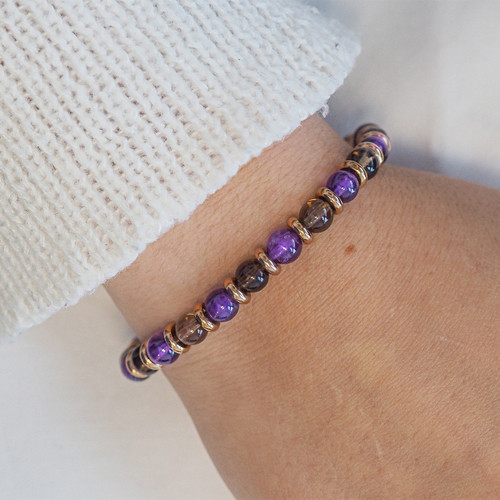 Bracelet lithothérapie "Libéré, Délivré" - Améthyste - Quartz Fumé - 18-18,5cm