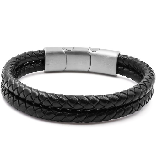 Bracelet Acier simili Cuir Tressé Noir- réglable