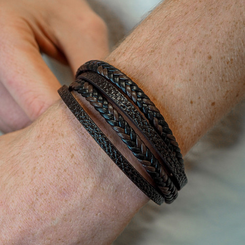 Bracelet Acier simili Cuir - 2 rangs tressés marrons et noirs