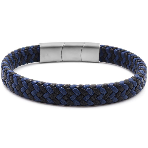 Bracelet Acier - Simili Cuir Tressé Noir et Bleu