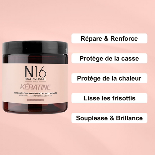 Masque Réparateur Kératine cheveux abîmés N16 Professionnel 500 ml