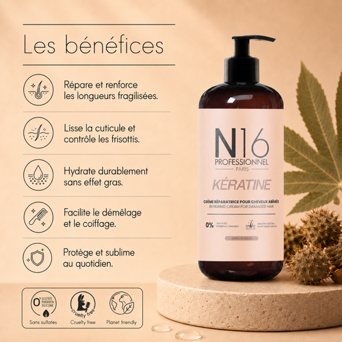 Crème Réparatrice Kératine Cheveux Abîmés N16 Professionnel 350 ml