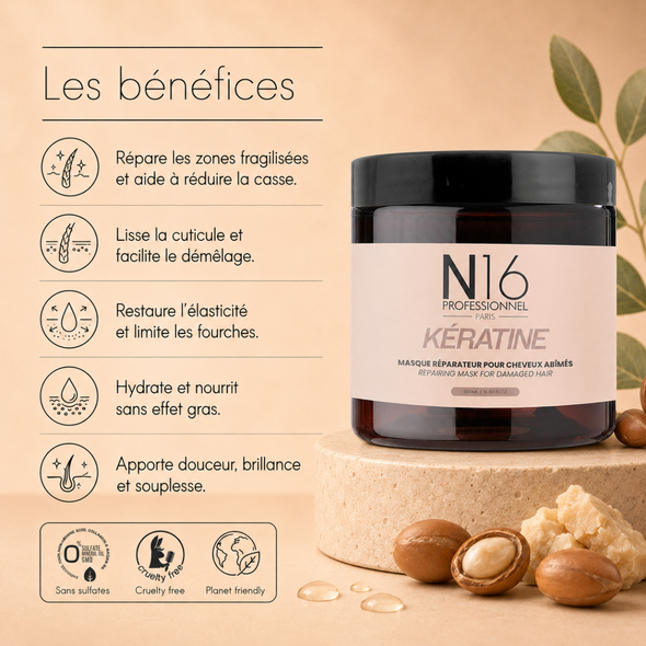 Masque Réparateur Kératine cheveux abîmés N16 Professionnel 500 ml
