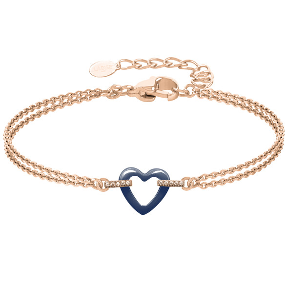 Bracelet en acier inoxydable rosé & céramique bleue, zircons et motif cœur
