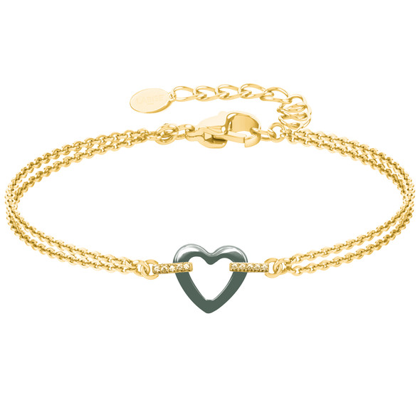 Bracelet en acier inoxydable doré & céramique verte, zircons et motif cœur