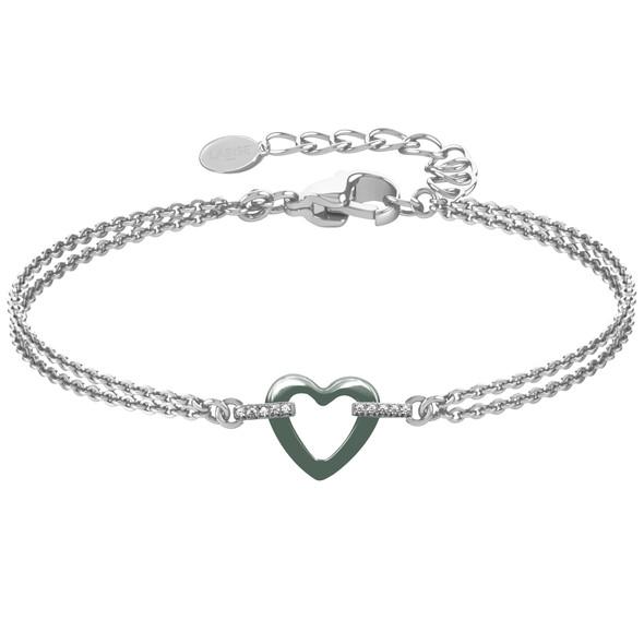 Bracelet en acier inoxydable & céramique verte, zircons et motif cœur