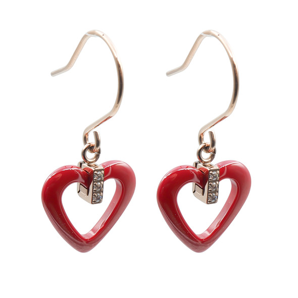 Boucles d'oreilles en acier inoxydable rosé & céramique rouge, zircons et motif cœur