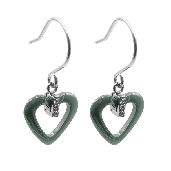 Boucles d'oreilles en acier inoxydable & céramique verte, zircons et motif cœur