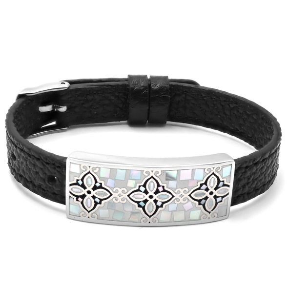 Bracelet en acier inoxydable & émail et nacre cuir noir