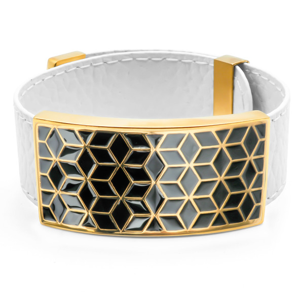 Bracelet en acier inoxydable PVD doré & cuir blanc et émail