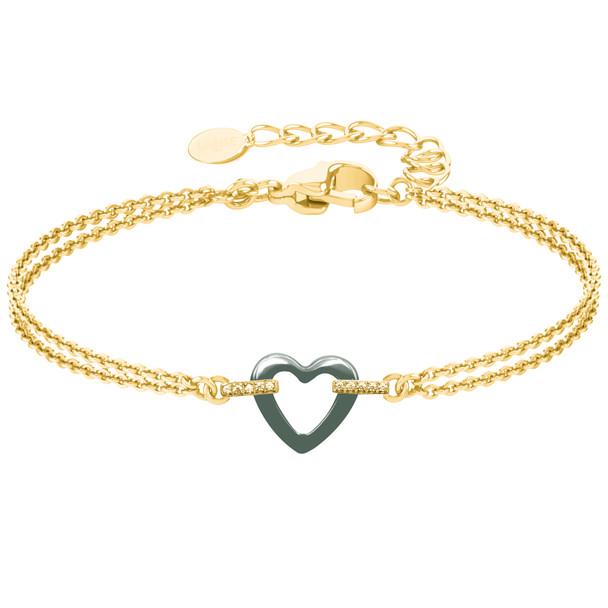 Bracelet en acier inoxydable doré & céramique verte, zircons et motif cœur