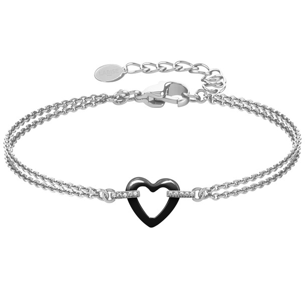 Bracelet en acier inoxydable & céramique noire, zircons et motif cœur
