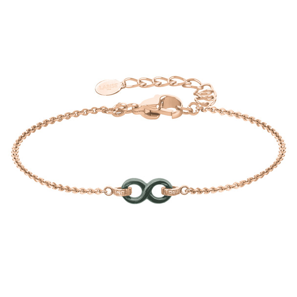 Bracelet en acier inoxydable rosé & céramique verte, zircons et motif infini