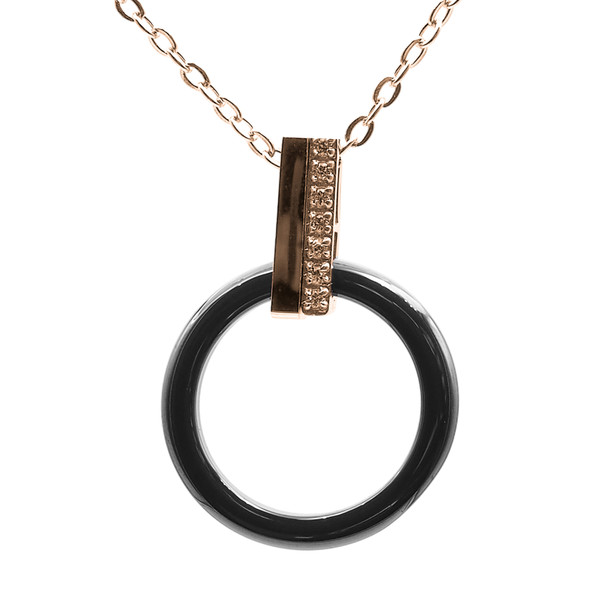 Collier en acier inoxydable rosé & céramique noire, zircons et motif cercle